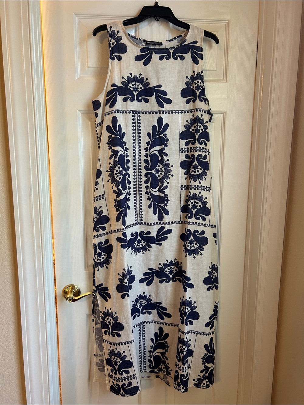 Francesca Bettina Women’s Cream and Blue Floral Linen Dress-L